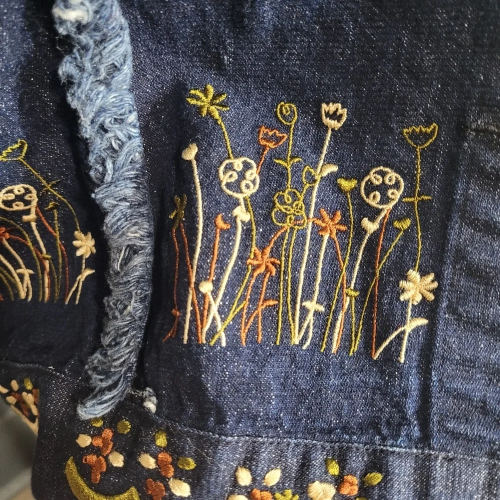 Vintage Signature By Jerell Blue Denim Jacket with Fringe Raw Hem and Embroidery